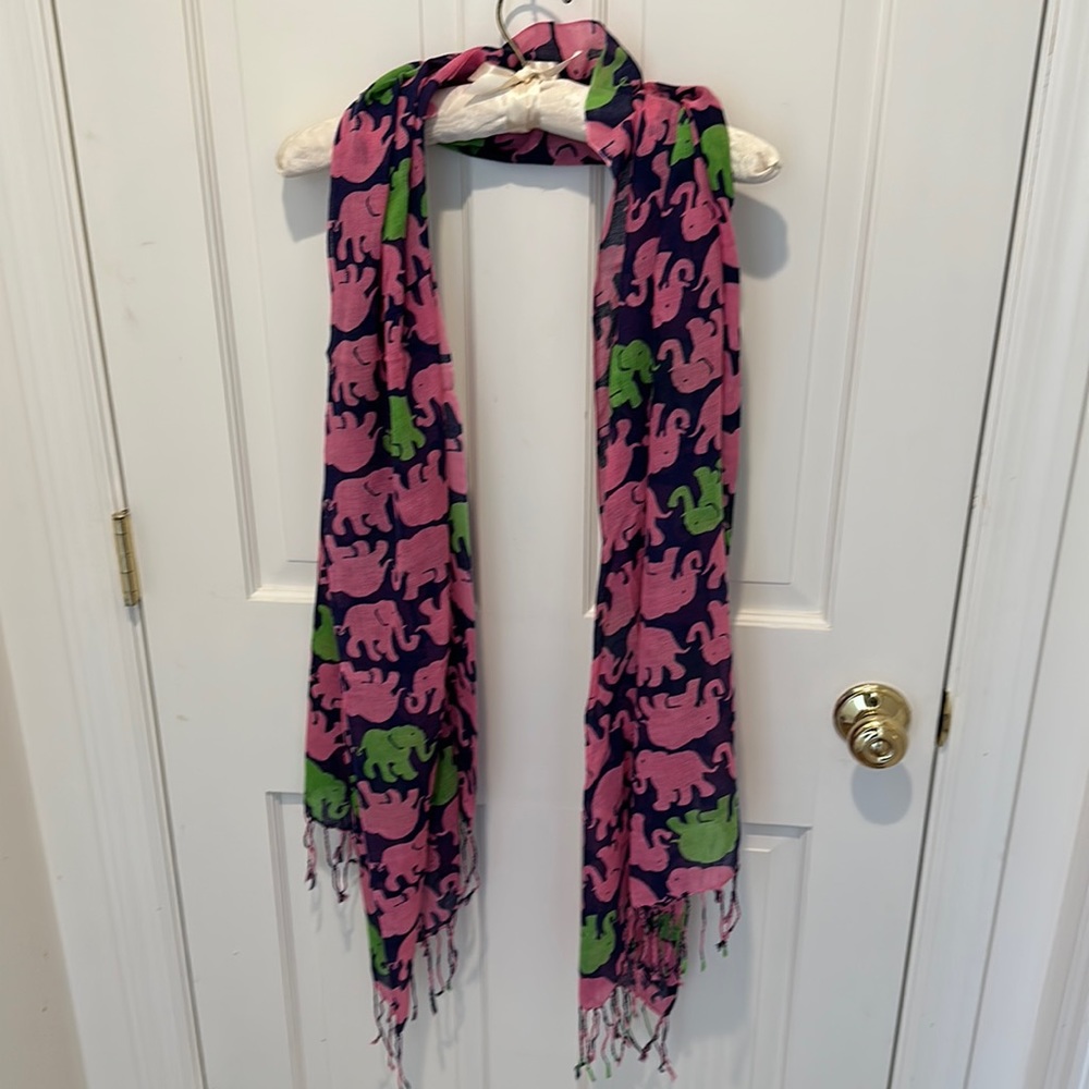 Lilly Pulitzer Murfee scarf elephant motif.  “Tusk in Sun”